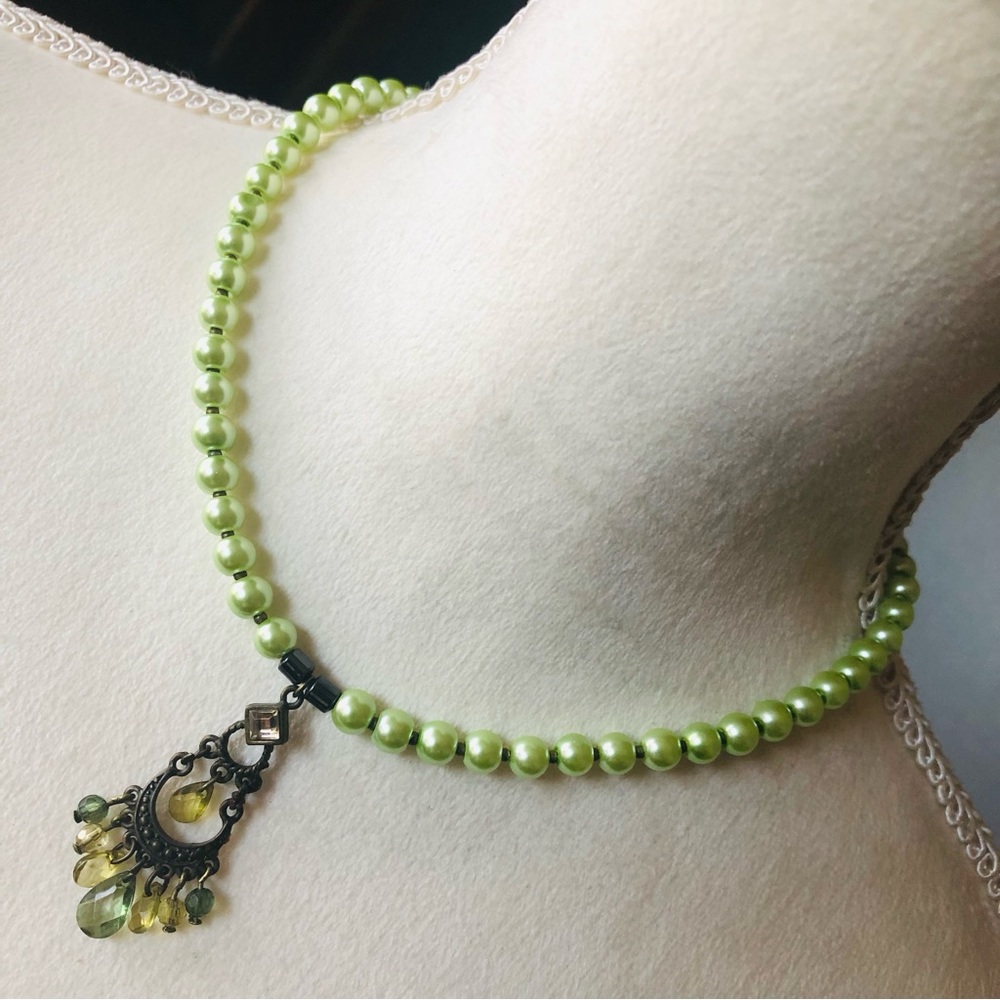 Handcrafted repurpose faceted peridot crystal pendant Czech glass Pearl necklace